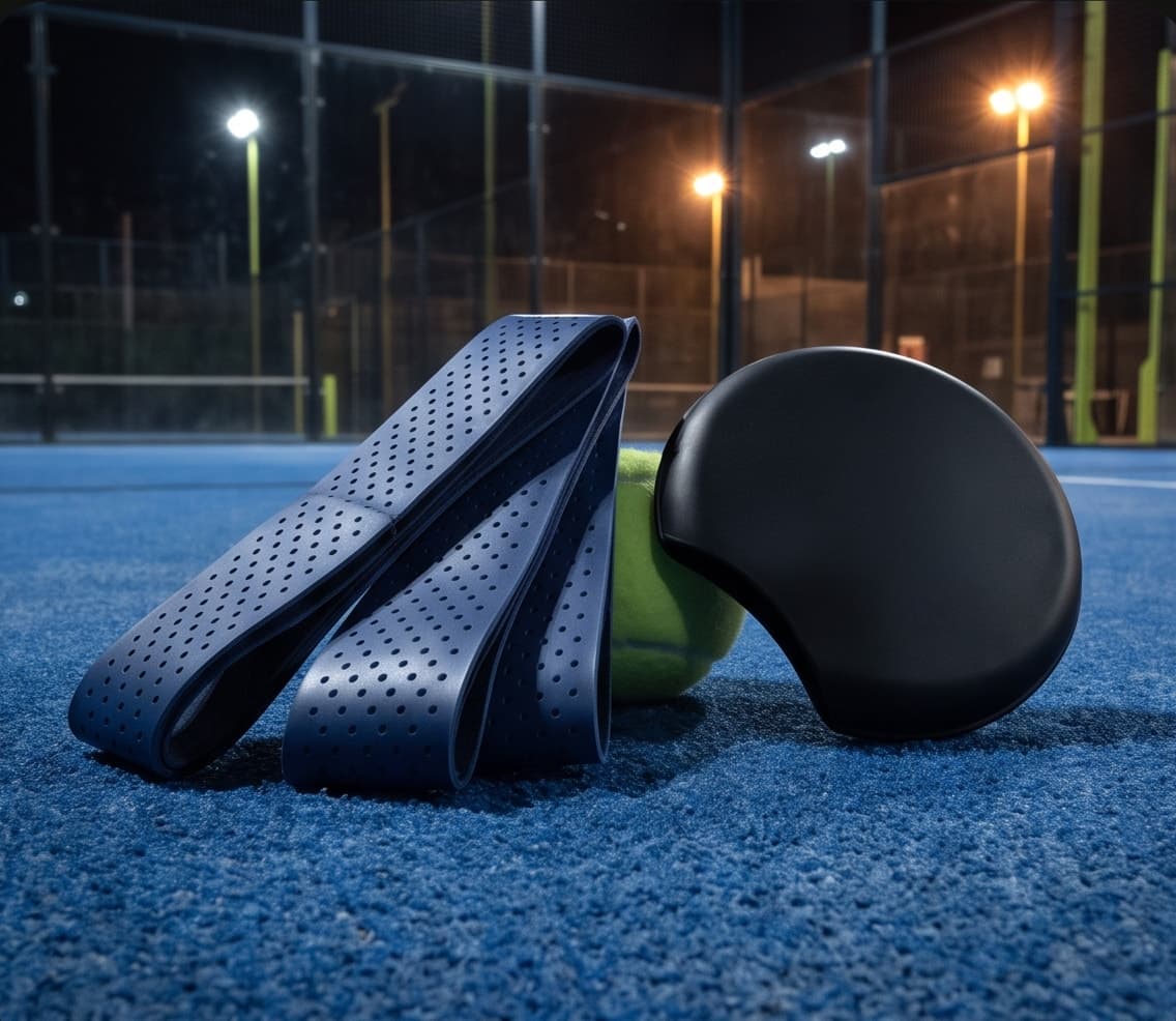 Tres overgrips perforados azul marino y un protector de cabeza de pala negro sobre el césped azul de una pista de pádel de noche